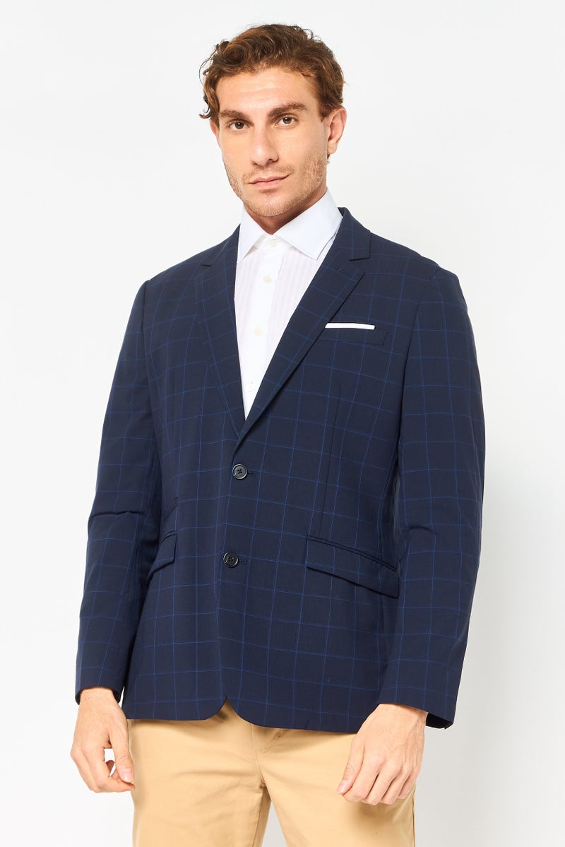 SELECTED Men Regular Fit Checkered Casual Blazer, Navy - Image 1
