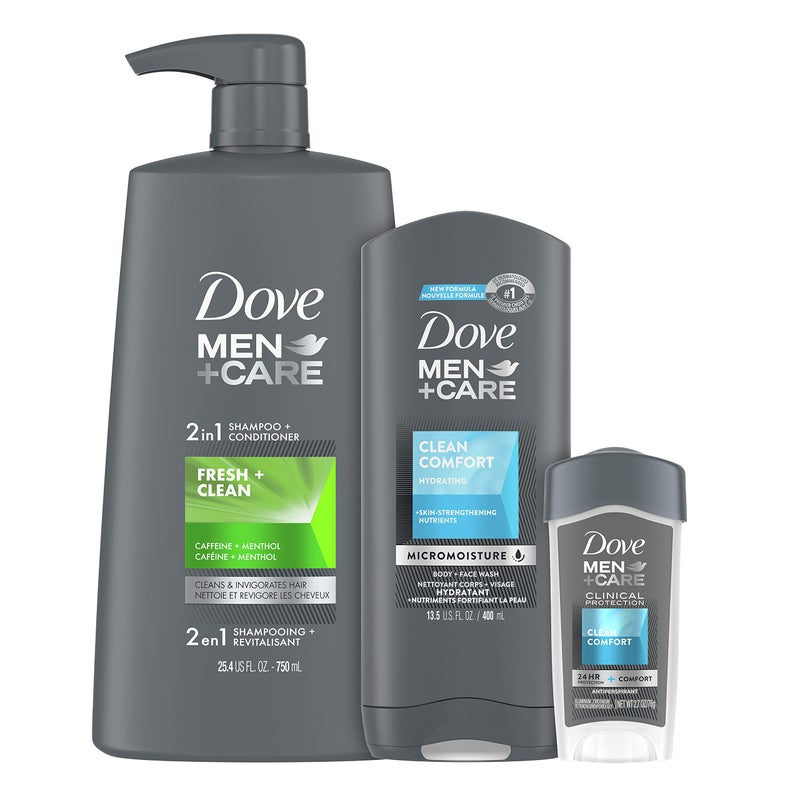 Dove Men+Care DOVE MEN + CARE Hair + Skin Care Regimen Personal Care for Men Clean Comfort + Fresh & Clean Body Wash, 2-in-1 Shampoo and Conditioner, and Antiperspirant Clinical Deodorant - Image 1