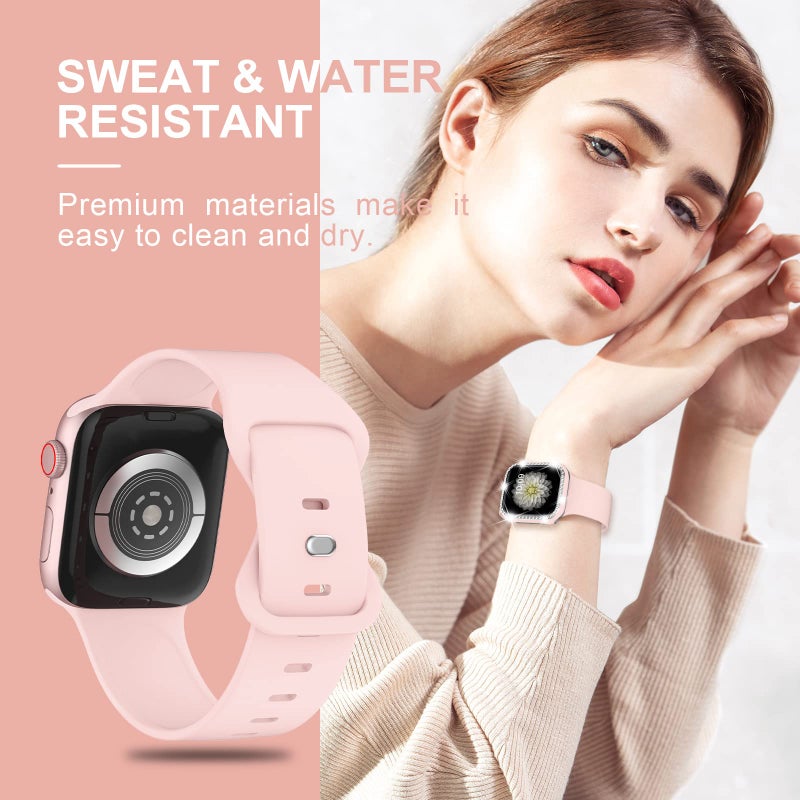 XYF Compatible for Bling Apple Watch Band 45mm 44mm 42mm 41mm 40mm 38mm TPU Strap with Protective Bling Bumper Case Cover, Women Soft Silicone for iWatch SE Series 8 7 6 5 4 3 2 1 (Pinksand, 44mm) - Image 5