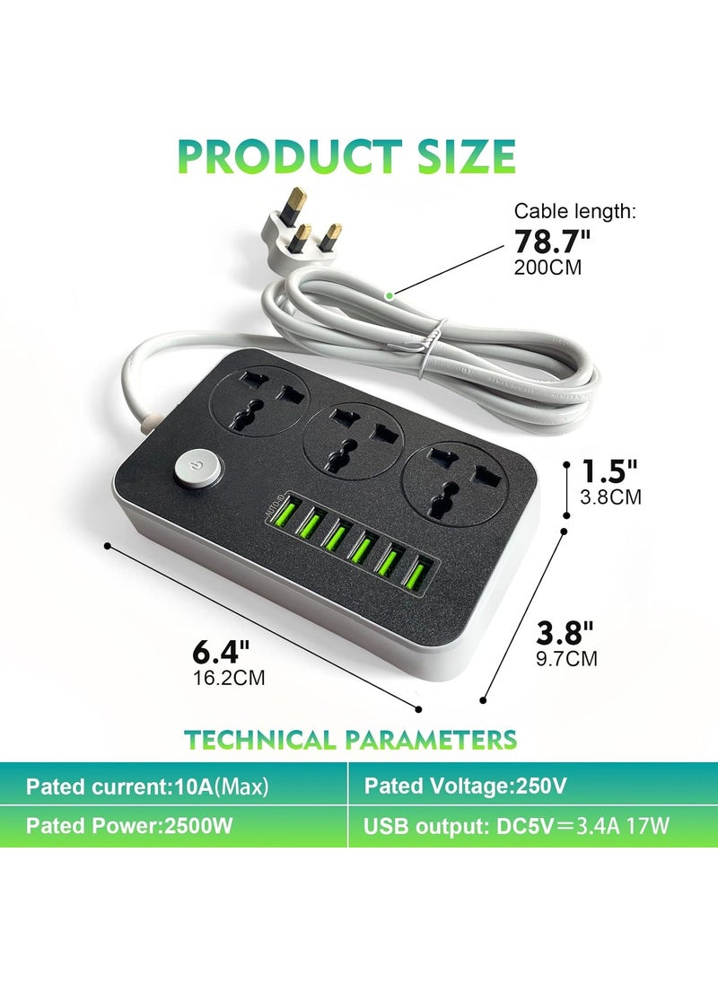 Arabest كابل تمديد قطاع الطاقة 3 مخارج مخرج طاقة مع 6 منافذ USB منفذ شحن عالمي مع سلك تمديد سميك 2 متر  - Image 4