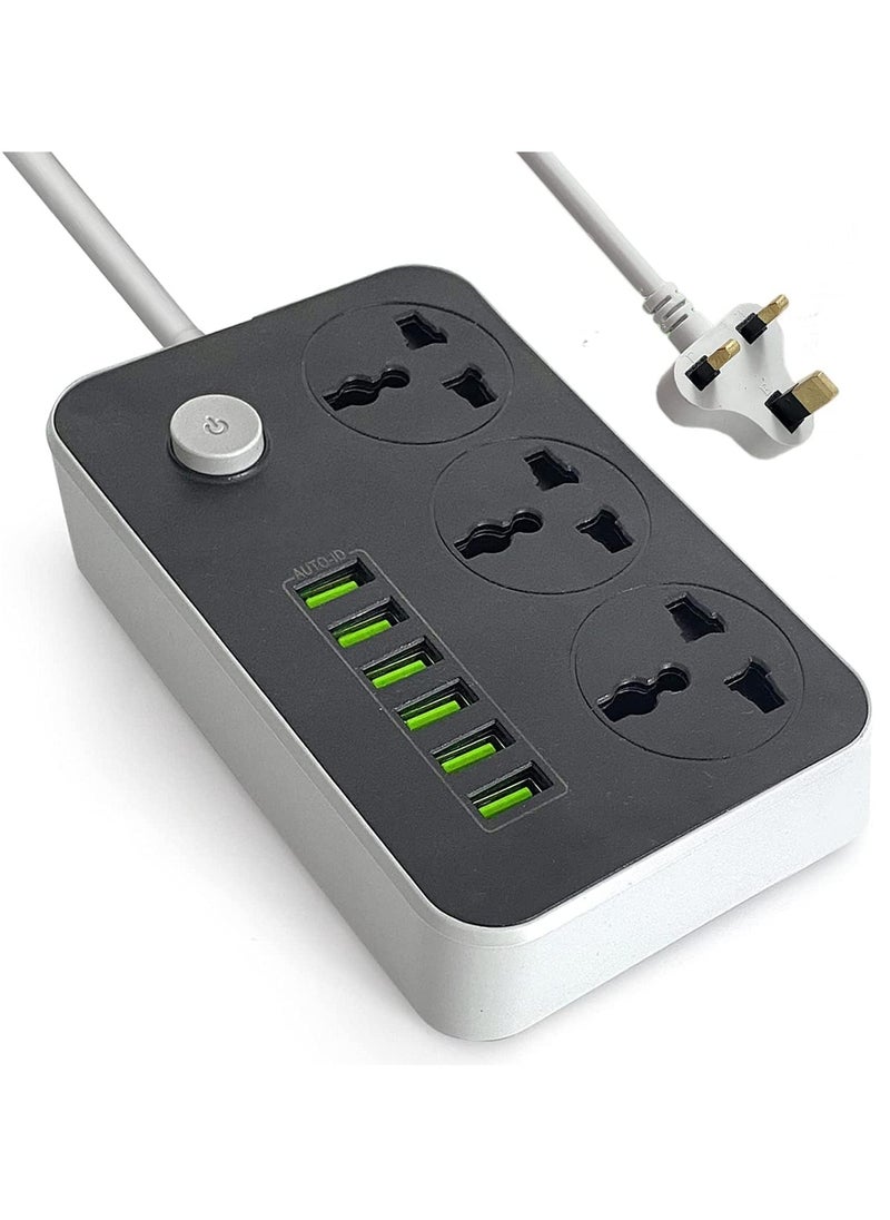 Arabest كابل تمديد قطاع الطاقة 3 مخارج مخرج طاقة مع 6 منافذ USB منفذ شحن عالمي مع سلك تمديد سميك 2 متر  - Image 1
