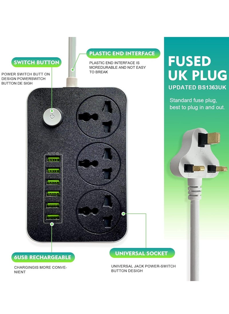 Arabest كابل تمديد قطاع الطاقة 3 مخارج مخرج طاقة مع 6 منافذ USB منفذ شحن عالمي مع سلك تمديد سميك 2 متر  - Image 3
