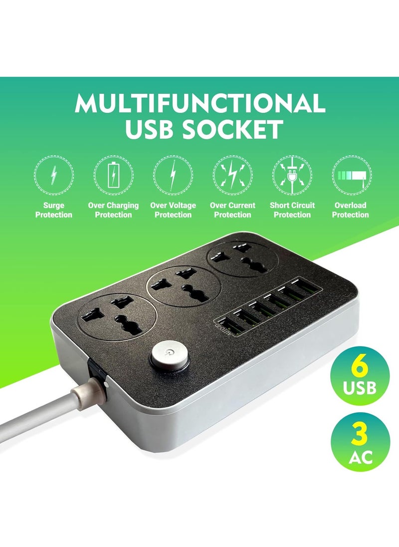 Arabest كابل تمديد قطاع الطاقة 3 مخارج مخرج طاقة مع 6 منافذ USB منفذ شحن عالمي مع سلك تمديد سميك 2 متر  - Image 2