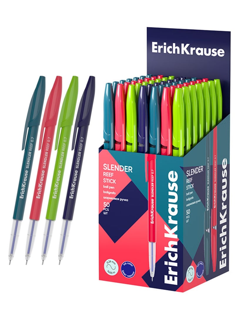 ErichKrause 50-Piece Slender Reef Stick Ballpoint Pen 0.7mm Tip Blue Ink Assorted Coloured Barrels - Image 1