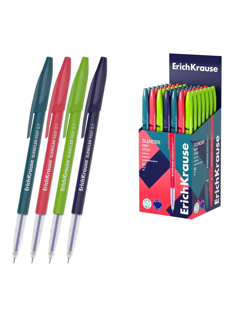ErichKrause 50-Piece Slender Reef Stick Ballpoint Pen 0.7mm Tip Blue Ink Assorted Coloured Barrels - Image 3