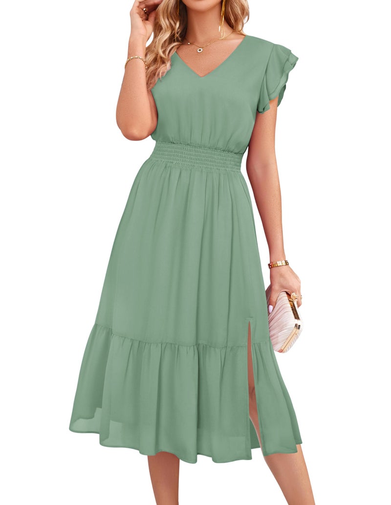 GRACE KARIN 2026 Womens Summer Dresses V Neck Ruffle Sleeve Floral Boho Beach A-Line Dress Sage Green-Solid Medium - Image 1