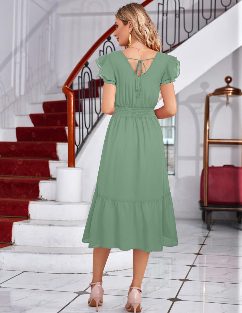 GRACE KARIN 2026 Womens Summer Dresses V Neck Ruffle Sleeve Floral Boho Beach A-Line Dress Sage Green-Solid Medium - Image 3