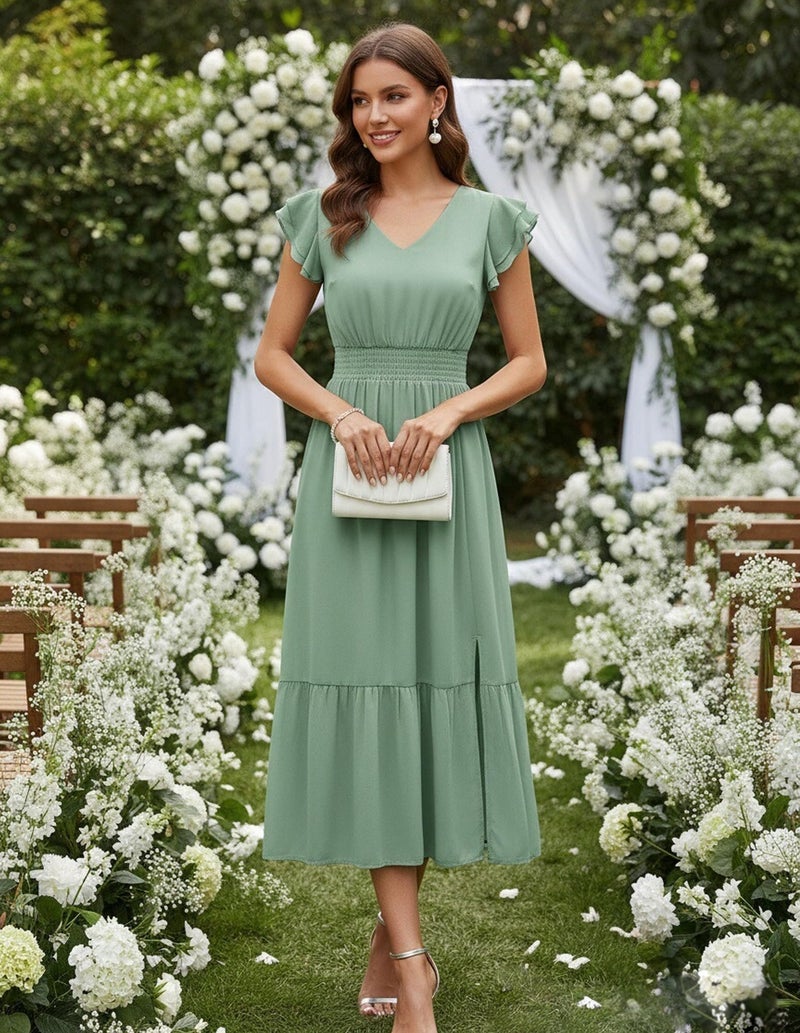 GRACE KARIN 2026 Womens Summer Dresses V Neck Ruffle Sleeve Floral Boho Beach A-Line Dress Sage Green-Solid Medium - Image 2