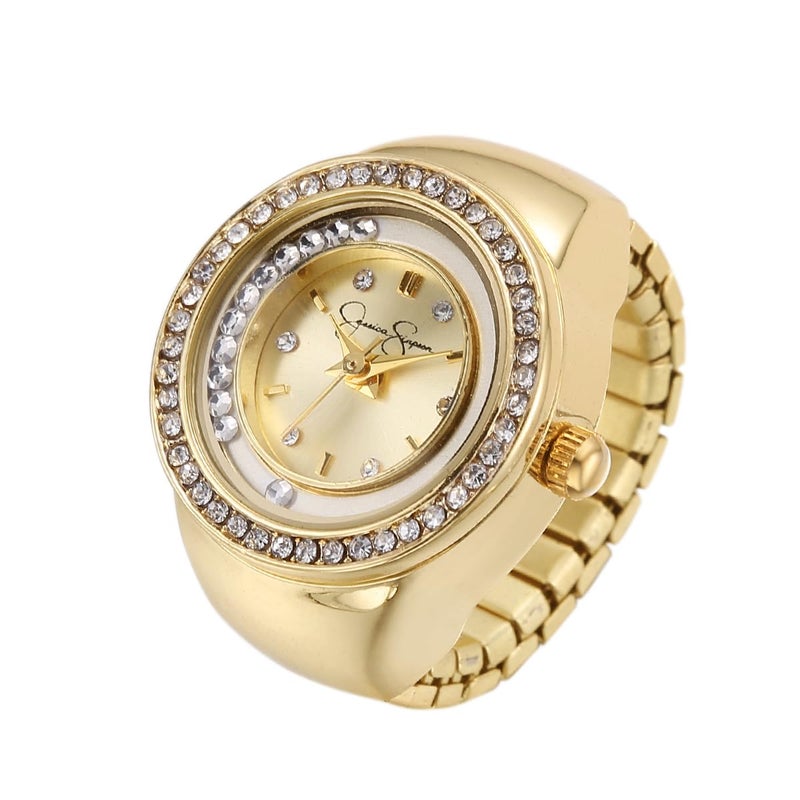 Jessica Simpson Womens Gold Adjustable Ring Watch Crystal Bezel Quartz Analog Mini Dial Stretch Band Fashion Jewelry Accessory - Image 2
