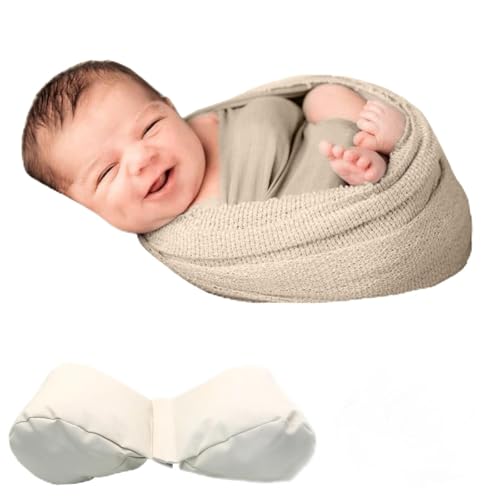 SPOKKI Newborn Baby Photography Butterfly Posing Pillow, Baby Photoshoot Props with Long Ripple Beige Pearl Wrap Outfits for Boy Girl Princess - Image 1