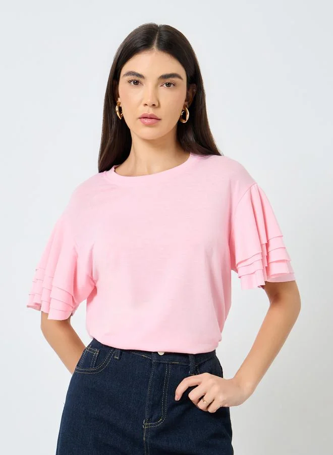 تايك تو Take Two Pink Ruffled Short Sleeved T-Shirt