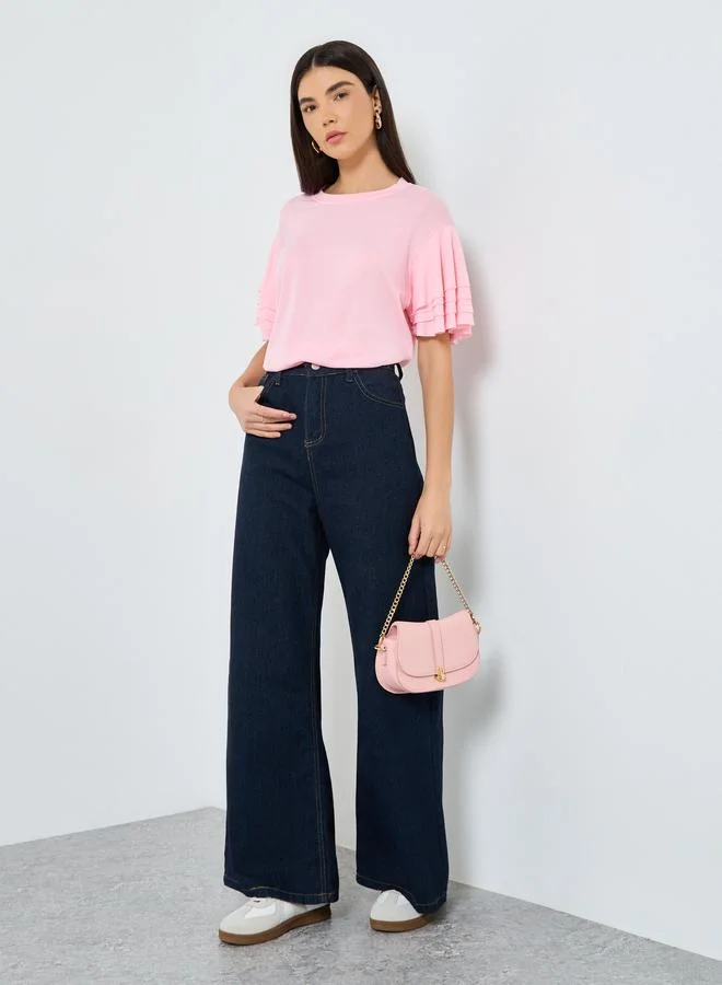 تايك تو Take Two Pink Ruffled Short Sleeved T-Shirt