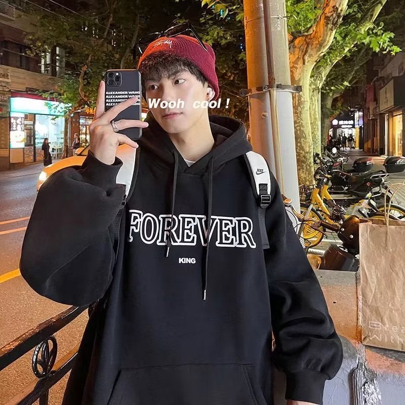 Mens Sweat Autumn and Winter fleece-lined Thickened oversize Niche fleece-lined Fashion Brand Autumn and Winter Hooded American Heavy Black-fleece-lined - Image 1