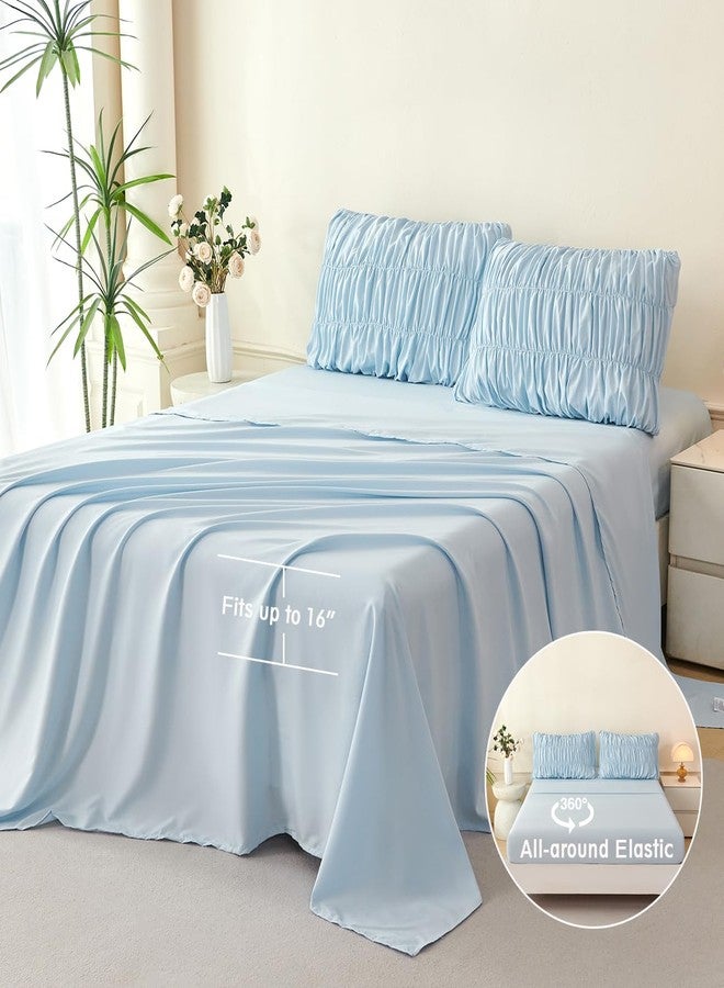 PERFEMET Queen Size Bed in a Bag Light Blue 5 Pieces Fluffy Boho Ruched Comforter with Sheets Luxury Soft Pleated Texture Bedding Comforter Set All Season Lightweight Vintage Ruffle Bed Sets, 90"x90" - Image 5