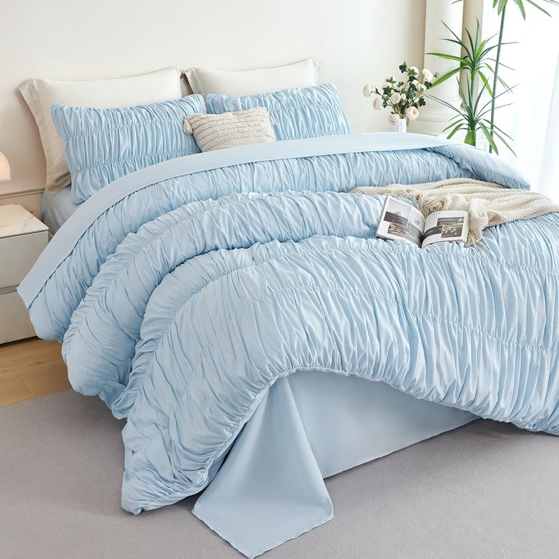 PERFEMET Queen Size Bed in a Bag Light Blue 5 Pieces Fluffy Boho Ruched Comforter with Sheets Luxury Soft Pleated Texture Bedding Comforter Set All Season Lightweight Vintage Ruffle Bed Sets, 90"x90" - Image 1