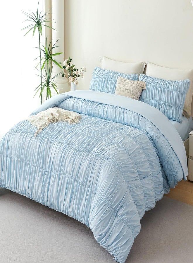 PERFEMET Queen Size Bed in a Bag Light Blue 5 Pieces Fluffy Boho Ruched Comforter with Sheets Luxury Soft Pleated Texture Bedding Comforter Set All Season Lightweight Vintage Ruffle Bed Sets, 90"x90" - Image 3