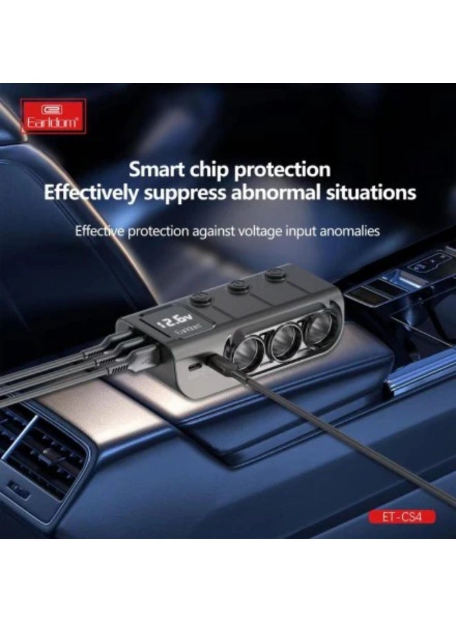 Earldom ES-CS4 3-Way Car Cigarette Lighter Socket with 36W PD Fast Charging, Dual Type-C and Multiple USB Ports, LED Voltage Display, Universal 12V–24V Car Power Adapter (Black) - Image 4