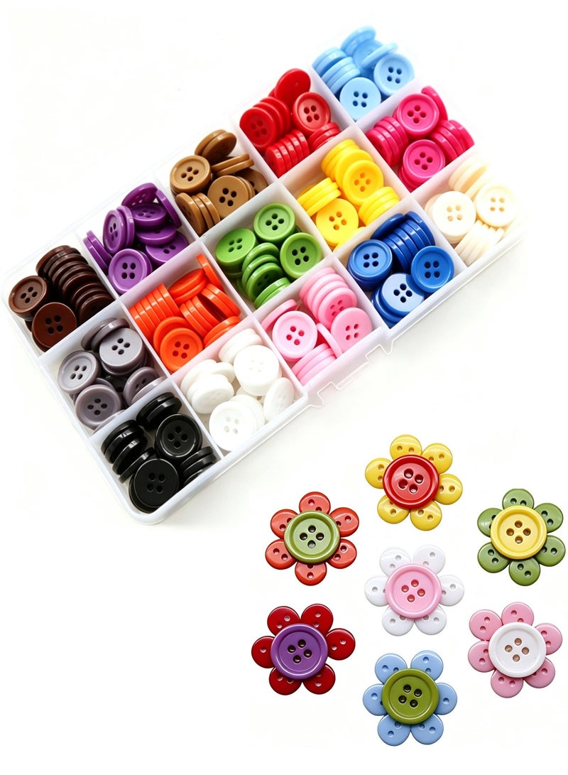 LuckSa Colors Buttons, 5/8 Inch (15mm) Mix 15 for Sewing 4 Holes Resin Button for Crafts Scrapbooking Pack of 300 Pcs with Box (Each Color 20 Pcs) - Image 1