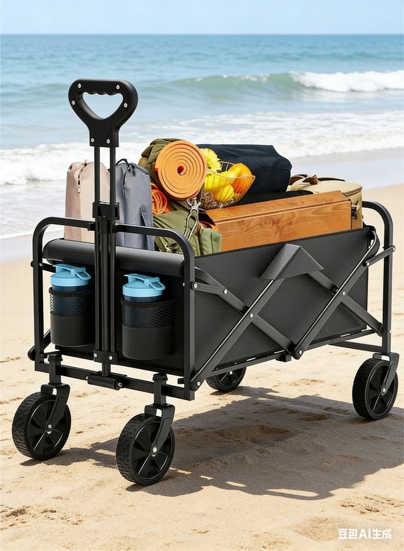 Yoawllty Folding Wagon with All Terrain Wheels and Drink Holders, Portable Collapsible Wagon for Camping, Shopping, Garden and Beach, Grass, Sand, Fishing(Black) - Image 1