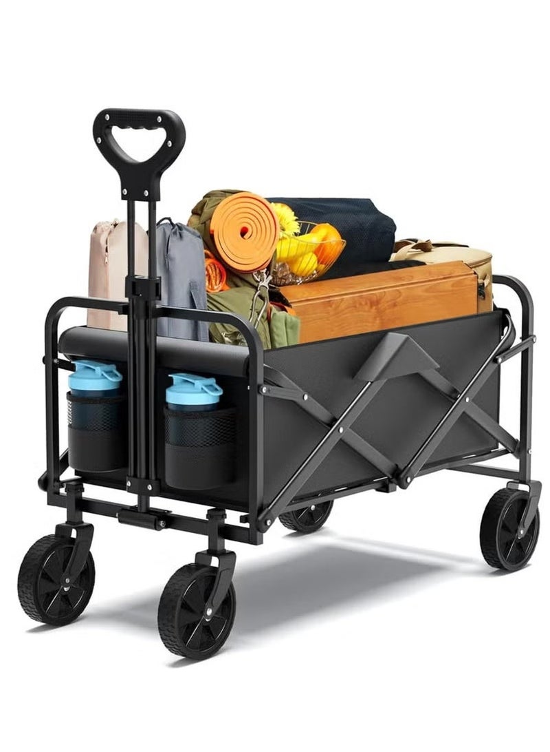 Yoawllty Folding Wagon with All Terrain Wheels and Drink Holders, Portable Collapsible Wagon for Camping, Shopping, Garden and Beach, Grass, Sand, Fishing(Black) - Image 2