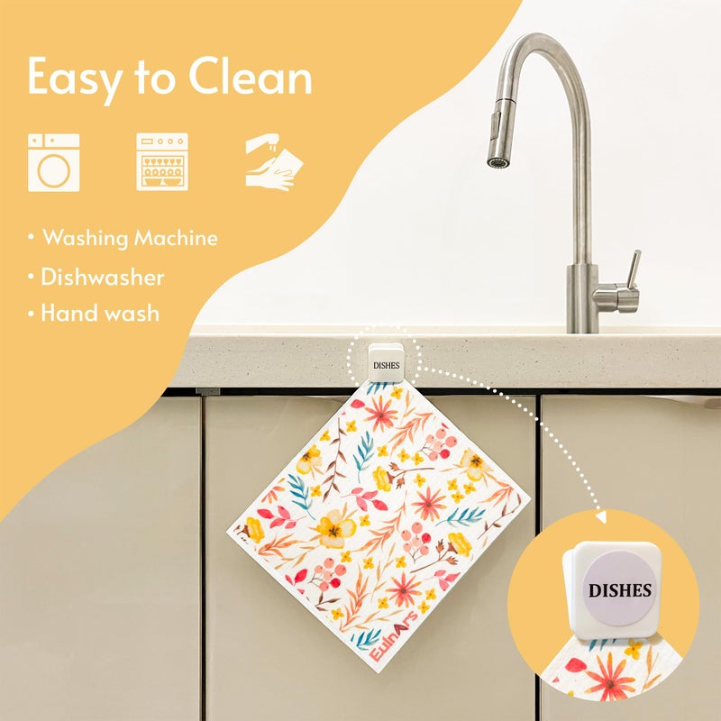 Eulnars Swedish Dishcloths for Kitchen, 8 Pack Watercolor Reusable Paper Towels with Clips, Non-Scratch Swedish Kitchen Towels, Super Absorbent Cellulose Sponge Cloths, Dishwasher Safe, No Odor - Image 2