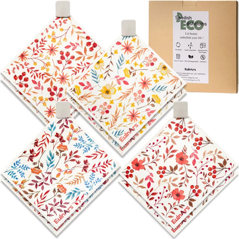 Eulnars Swedish Dishcloths for Kitchen, 8 Pack Watercolor Reusable Paper Towels with Clips, Non-Scratch Swedish Kitchen Towels, Super Absorbent Cellulose Sponge Cloths, Dishwasher Safe, No Odor - Image 1