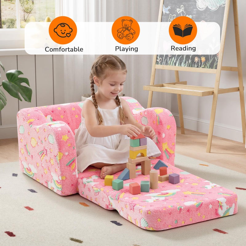 MeMoreCool Glowing Pink Rainbow Kids Chair, 2-in-1 Glow-in-the-Dark Kids Couch Fold Out Sofa for Girls, Comfy Plush Foam Recliner for Playroom Nursery, Washable Cover, Ages 1-3 - Image 2