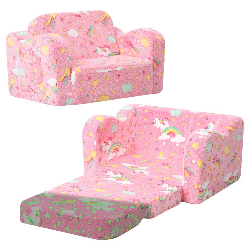 MeMoreCool Glowing Pink Rainbow Kids Chair, 2-in-1 Glow-in-the-Dark Kids Couch Fold Out Sofa for Girls, Comfy Plush Foam Recliner for Playroom Nursery, Washable Cover, Ages 1-3 - Image 1
