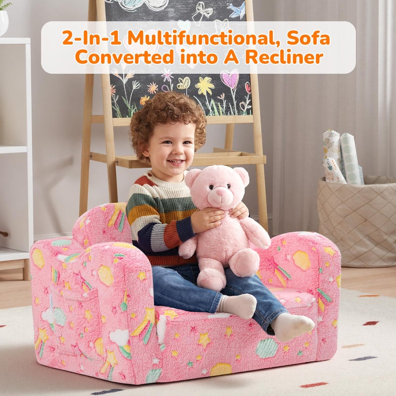 MeMoreCool Glowing Pink Rainbow Kids Chair, 2-in-1 Glow-in-the-Dark Kids Couch Fold Out Sofa for Girls, Comfy Plush Foam Recliner for Playroom Nursery, Washable Cover, Ages 1-3 - Image 5