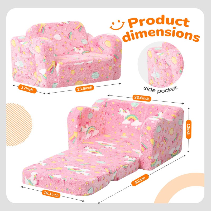 MeMoreCool Glowing Pink Rainbow Kids Chair, 2-in-1 Glow-in-the-Dark Kids Couch Fold Out Sofa for Girls, Comfy Plush Foam Recliner for Playroom Nursery, Washable Cover, Ages 1-3 - Image 3