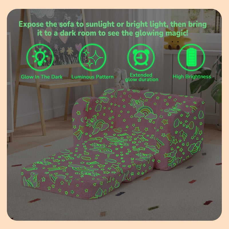 MeMoreCool Glowing Pink Rainbow Kids Chair, 2-in-1 Glow-in-the-Dark Kids Couch Fold Out Sofa for Girls, Comfy Plush Foam Recliner for Playroom Nursery, Washable Cover, Ages 1-3 - Image 4