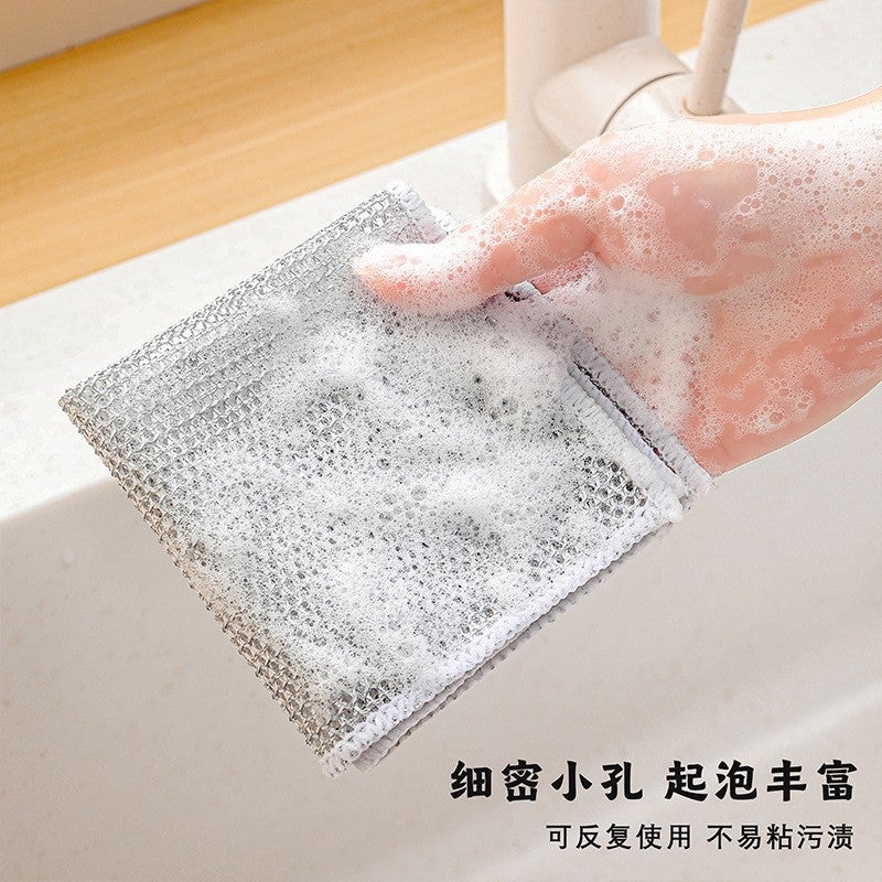 فرشاة وعاء مصنوعة من قماش سلك فضي مزدوج الجوانب وطبقتين، أداة تنظيف موقد غير ملطخة، وسادة فرك - Image 3