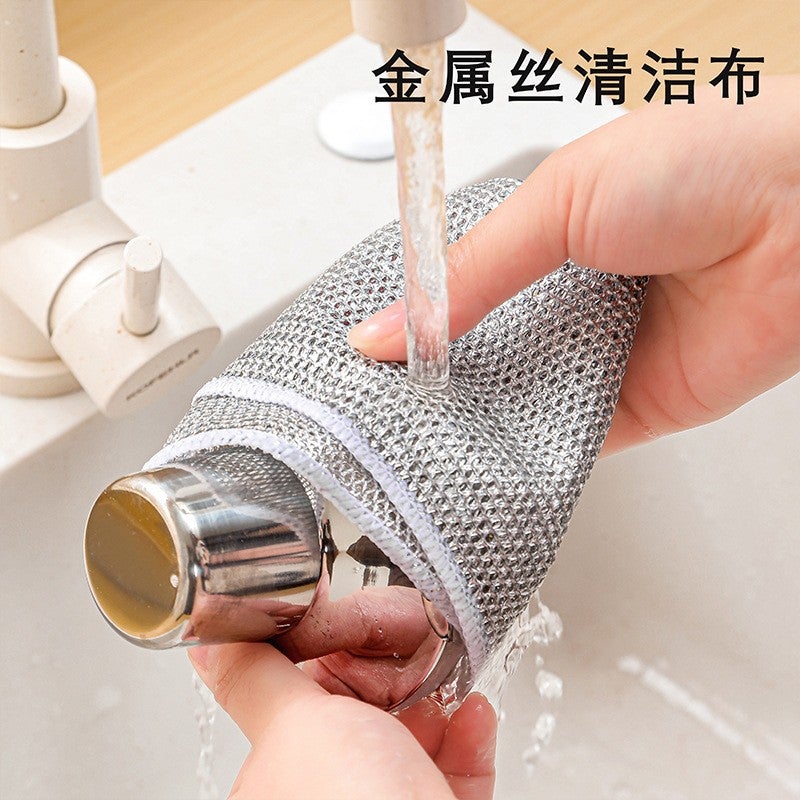 فرشاة وعاء مصنوعة من قماش سلك فضي مزدوج الجوانب وطبقتين، أداة تنظيف موقد غير ملطخة، وسادة فرك - Image 2