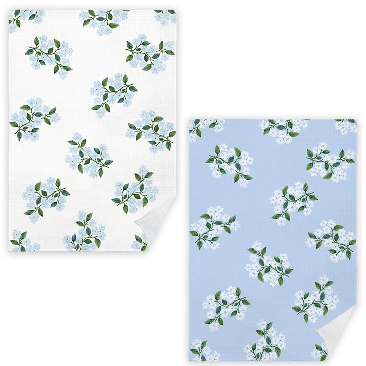 JINYO Blue Hydrangea Floral Kitchen Towels Set of 2 Farmhouse Spring Flower Dish Tea Towels for Kitchen Blue Hydrangea Decorative Hand Towels for Bathroom 16x24 Inch - Image 1