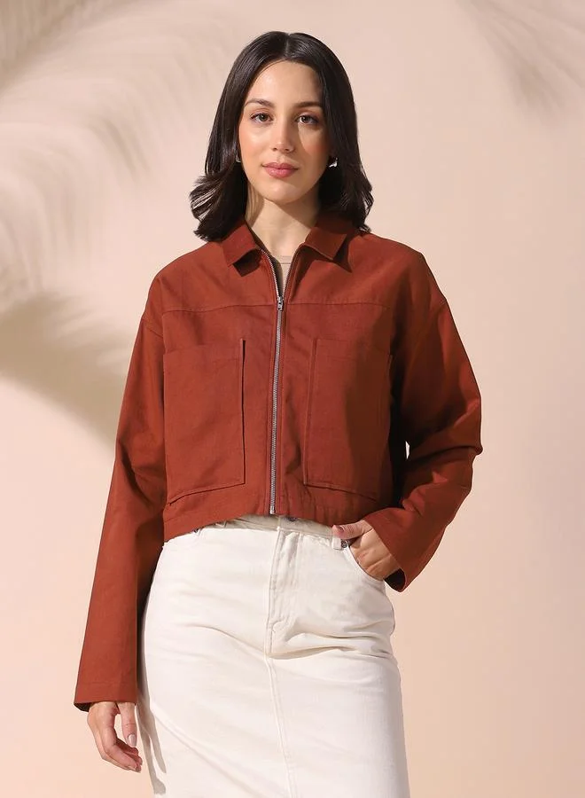 Dennis Lingo Women'S Smoked Paprika Cotton Blend Solid Pattern Button Down Relaxed Shirt