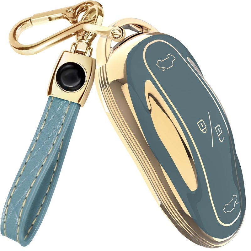 Lucrum Compatible with Tesla Model 3 S Y Key Fob Cover Leather Keychain TPU Keyfob Case for Model 3SY Blue and Gold - Image 3