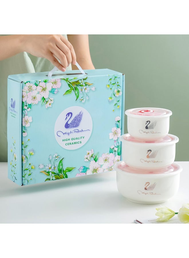 Ceramic Fresh-keeping Bowl Three-piece Vacuum Sealed Microwave Oven Gift Bowl Wedding Gift Will Sell Tableware Printing-Specifications:Golden Swan-Color:3-Piece Gift Box (20 Sets Per Box) - Image 1