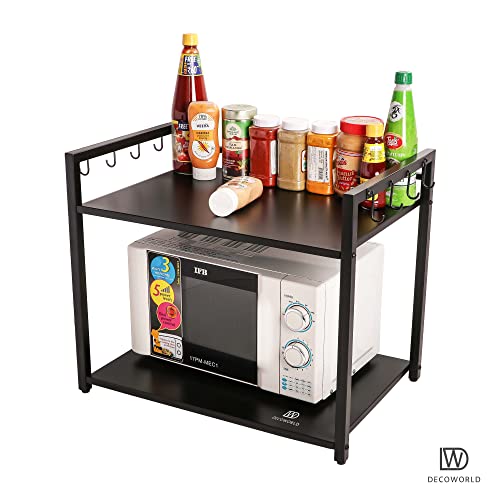 DECOWORLD || Metal Microwave stand || Microwave & OTG Stand for Kitchen Counter|| Double Platform for Extra Storage with hooks|| Kitchen Oven Rack(BLACK) - Image 2