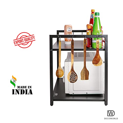 DECOWORLD || Metal Microwave stand || Microwave & OTG Stand for Kitchen Counter|| Double Platform for Extra Storage with hooks|| Kitchen Oven Rack(BLACK) - Image 5