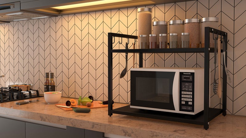 DECOWORLD || Metal Microwave stand || Microwave & OTG Stand for Kitchen Counter|| Double Platform for Extra Storage with hooks|| Kitchen Oven Rack(BLACK) - Image 4