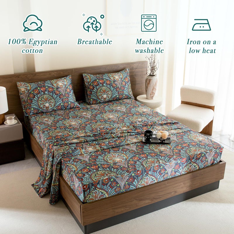 Lady Ann 100% Cotton Floral King Size Sheets Set Deep Pocket, Vibrant Paisley Flowers Printed on Green Pattern Bedding Sheets for King Size Bed Botanical Bed Sheets - Image 3