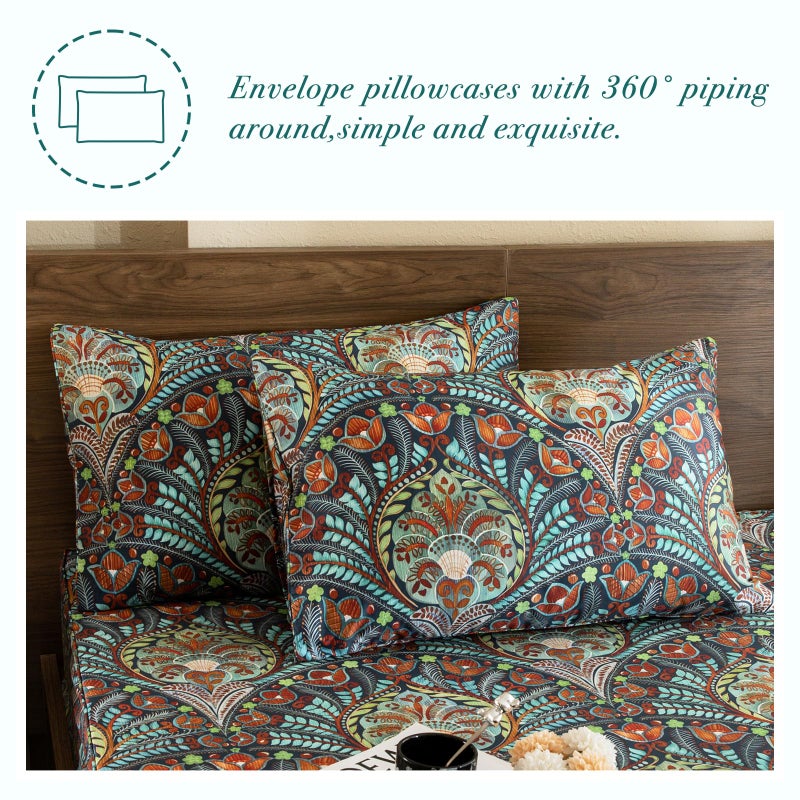 Lady Ann 100% Cotton Floral King Size Sheets Set Deep Pocket, Vibrant Paisley Flowers Printed on Green Pattern Bedding Sheets for King Size Bed Botanical Bed Sheets - Image 5