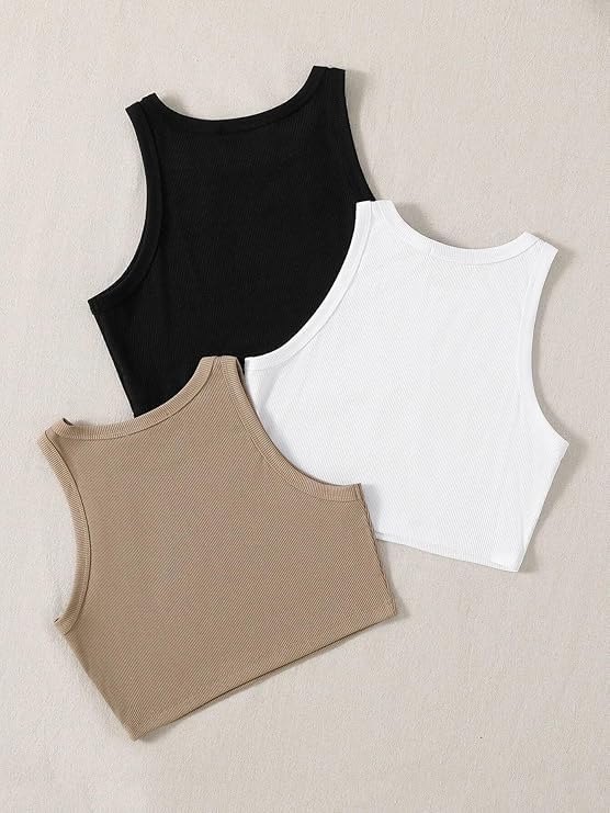 Berry&Bird (Pack of 3) Stylish Sleeveless Round Neck Ribbed Tank Tops for Women and Western Crop Top - Image 2