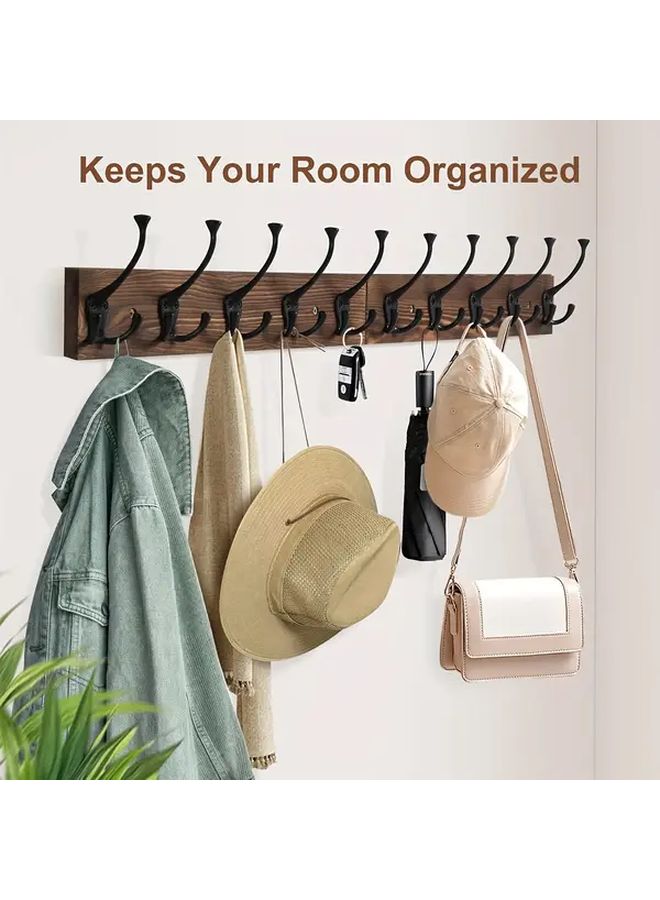 Black Wooden Wall Mounted Coat Hanger With 10 Triple Hooks For Hallway Farmhouse - Image 5
