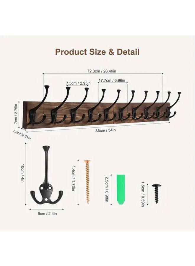 Black Wooden Wall Mounted Coat Hanger With 10 Triple Hooks For Hallway Farmhouse - Image 4