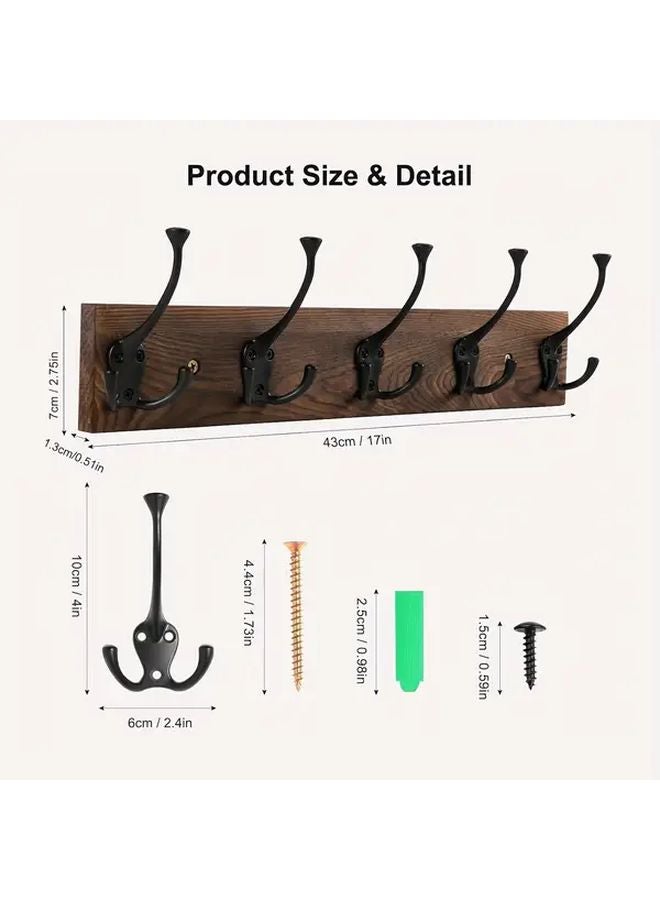 Black Wooden Wall Mounted Coat Hanger With 10 Triple Hooks For Hallway Farmhouse - Image 1