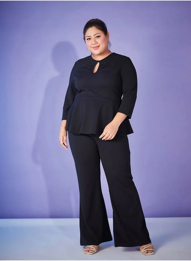 ساسافراس Keyhole Neck Peplum Top & Bell Bottom Pants Co-Ords by Styli