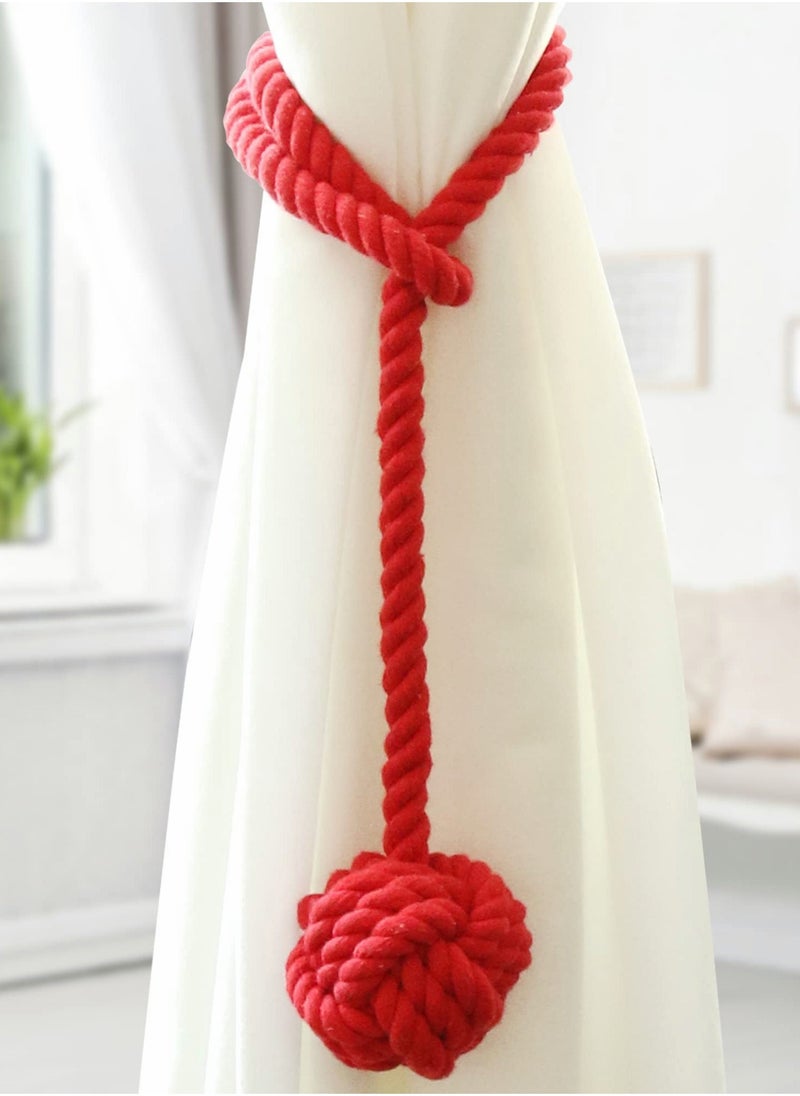 Excefore - Curtain Tiebacks Curtain Holdbacks Curtain Ties with Big Woven Ball Outdoor Curtain Tiebacks Cotton Hand Woven Curtain Rope tiebacks Decorative Tie Backs for Drapes (Red 2) - Image 1