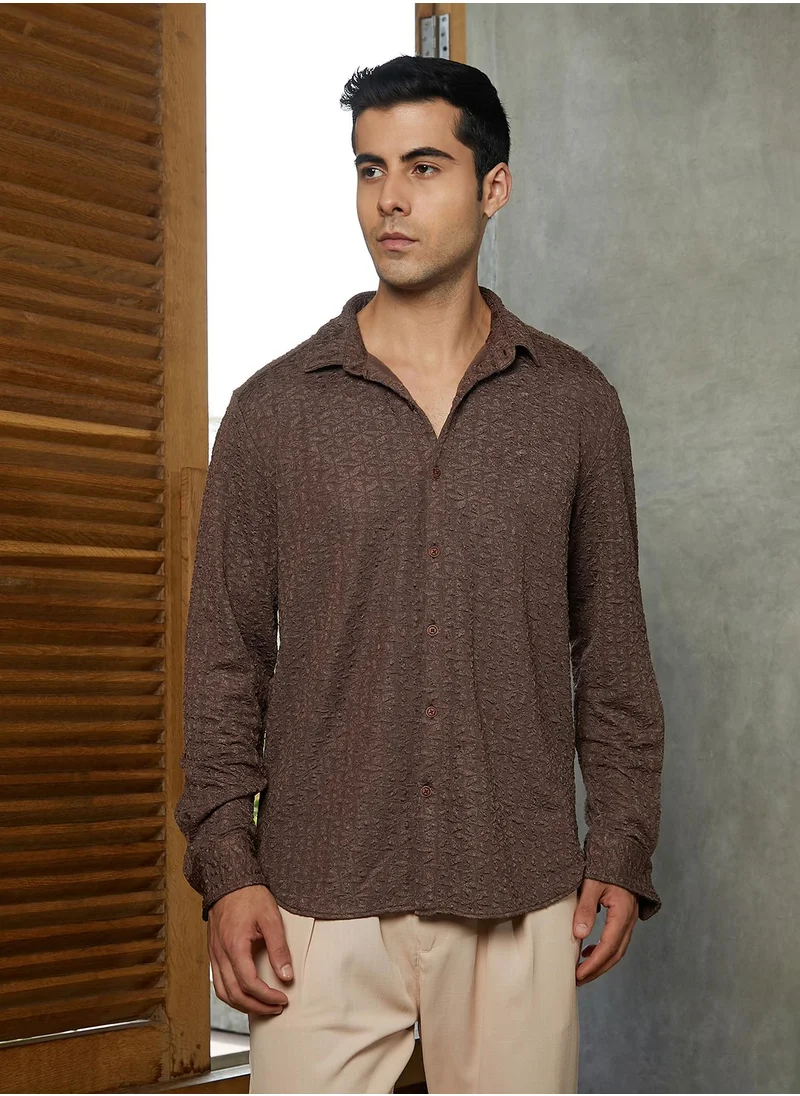 كامبوس سوترا Campus Sutra Men's Chocolate Brown Bloom-Textured Shirt For Casual Wear | Spread Collar | Long Cuffed Sleeves | Button Closure | Shirt Crafted With Comfort Fit For Everyday Wear