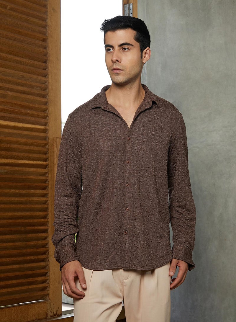 Campus Sutra Campus Sutra Men's Chocolate Brown Bloom-Textured Shirt For Casual Wear | Spread Collar | Long Cuffed Sleeves | Button Closure | Shirt Crafted With Comfort Fit For Everyday Wear  - Image 2